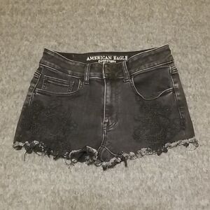 American Eagle Black Embroidered Distressed Denim Hi Rise Shortie Jean Shorts 2
